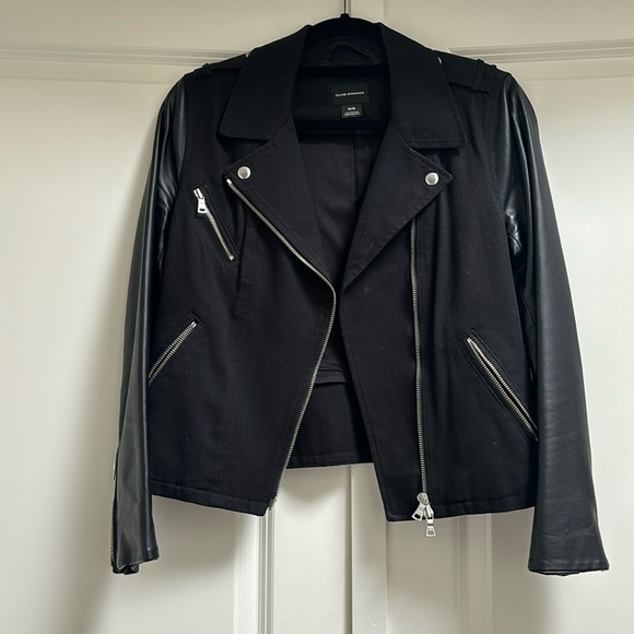 Club Monaco Black biker jacket faux leather sleeves - Medium - Picture 1 of 4